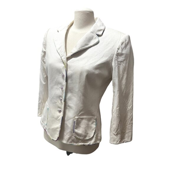 Stresa Collared Purple Button Cotton Blazer Sz 8 (Medium) Womens Cream Floral Ta - Picture 5 of 10